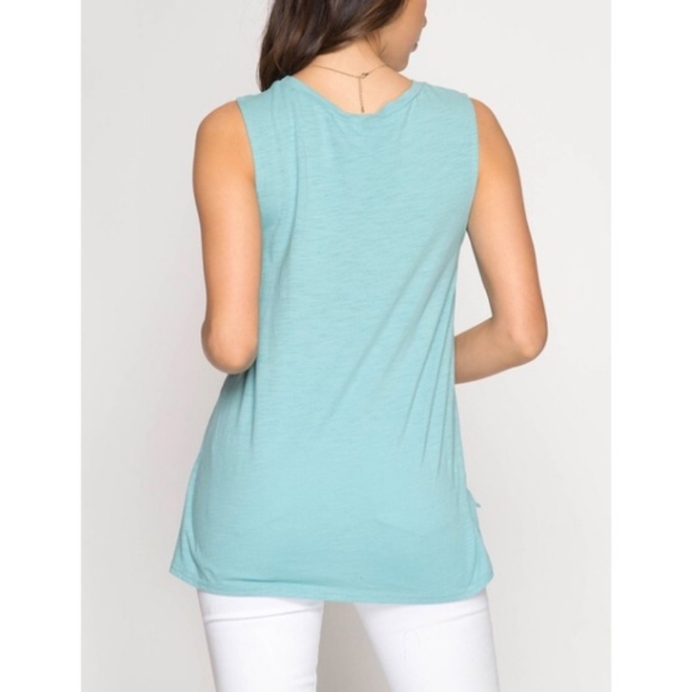 Sleeveless Slub knit Seafoam Side Knot Top - Picture 2 of 8